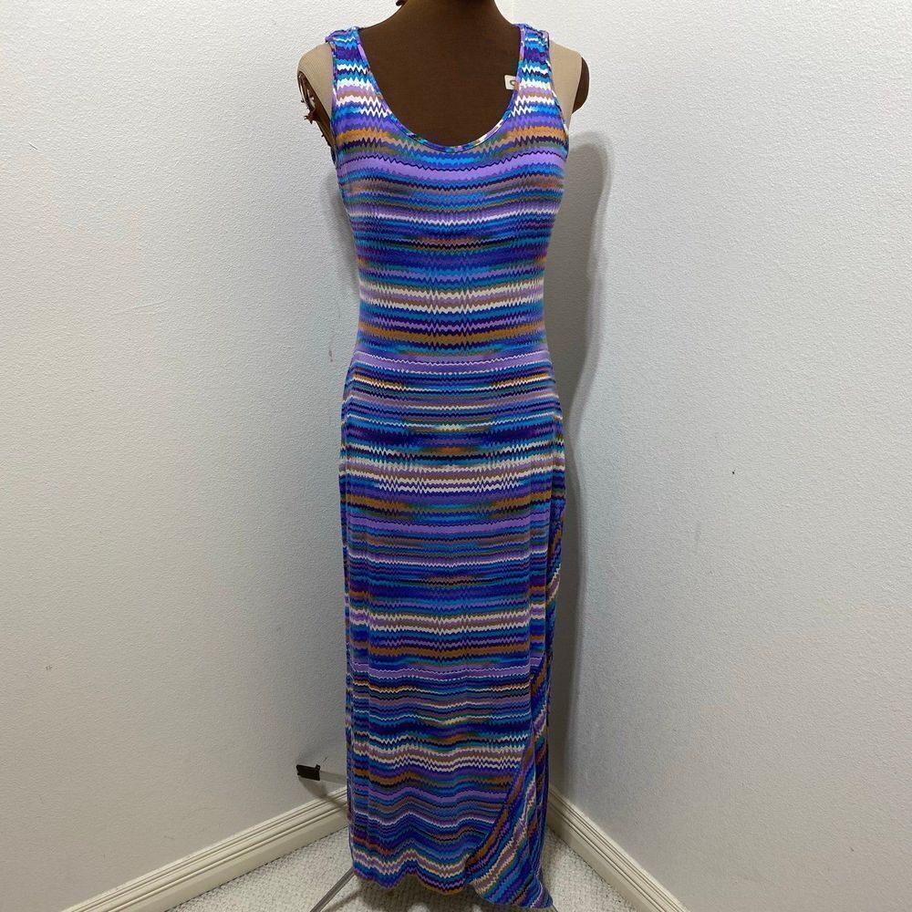 Calvin Klein Aqua Multi Abstract Zigzag Maxi Dress Sleeveless Size 10